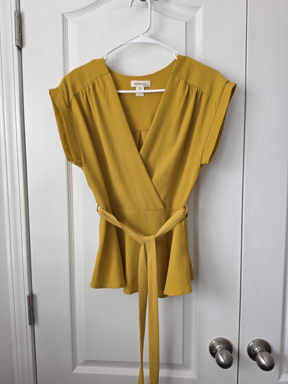 Monteau Mustard Yellow Wrap-Front Cap Sleeve Blouse Sz Large